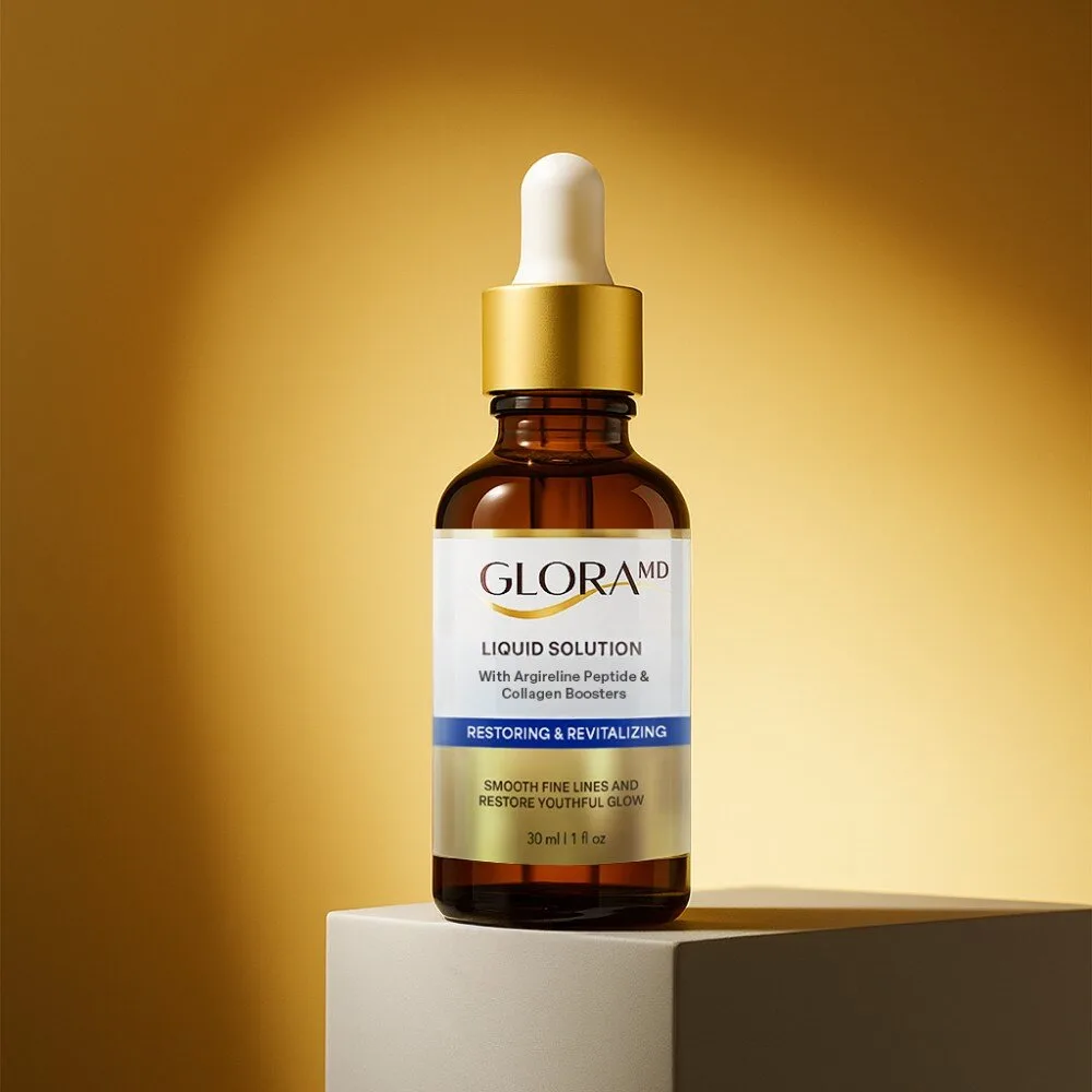 GloraMD Liquid Solution amber glass dropper bottle with a gold cap, label reading 30 ml 1 fl oz, on a stone pedestal
